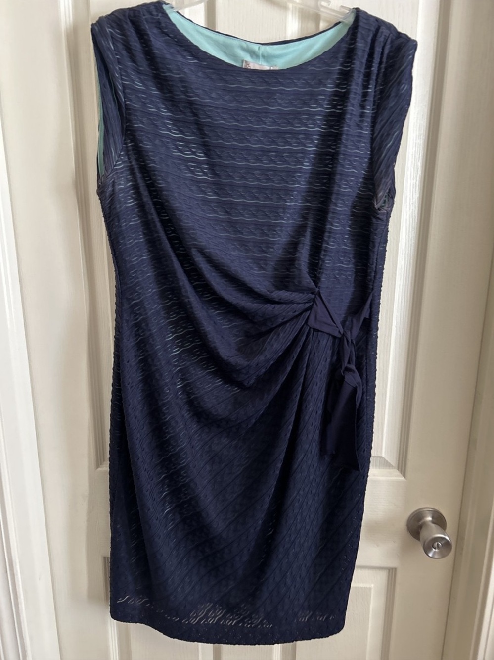 NWOT db Sleeveless Navy Midi Sheath Dress with Side Knot Detail, Lined, Cutout